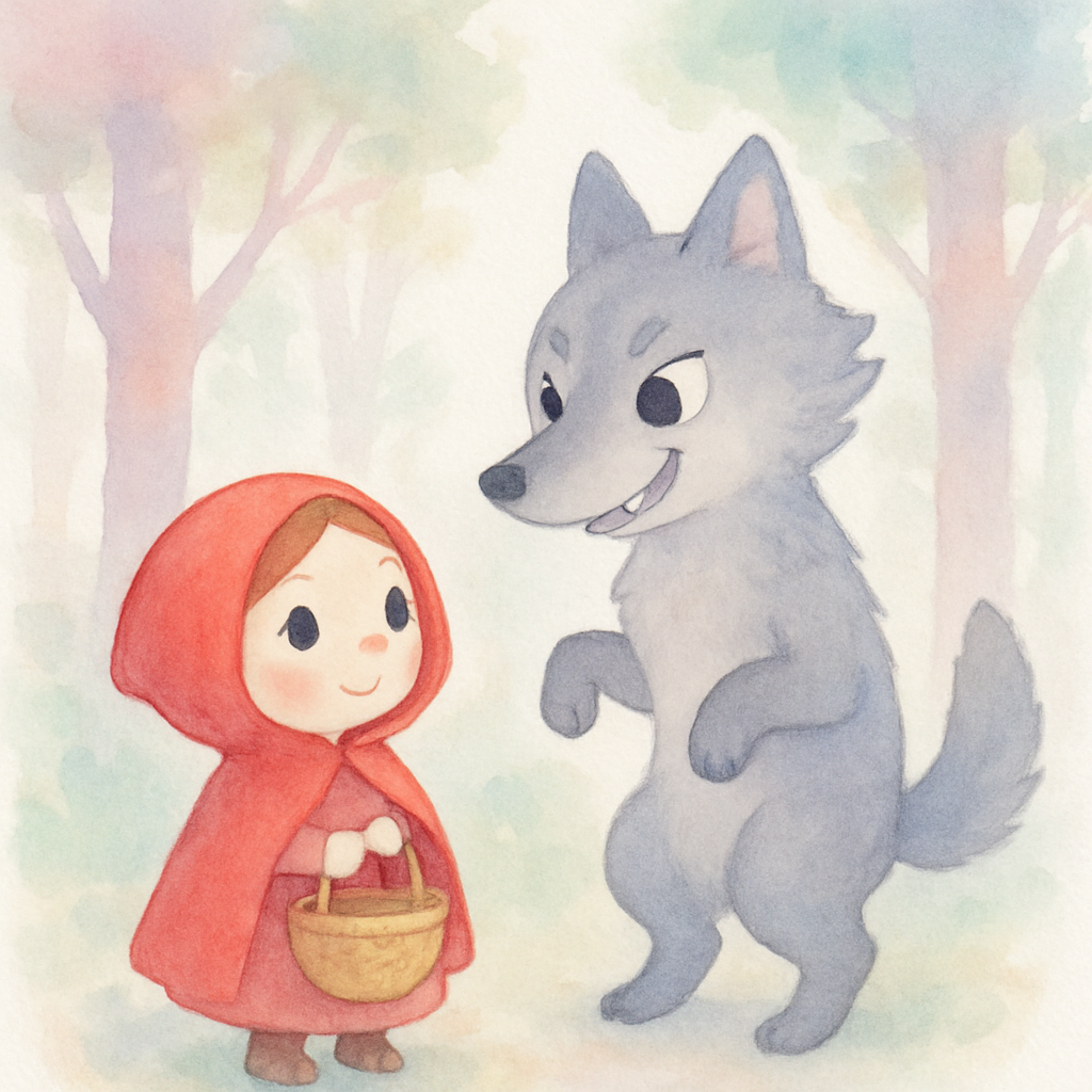 빨간 모자가 숲에서 큰 회색 늑대를 만나는 장면